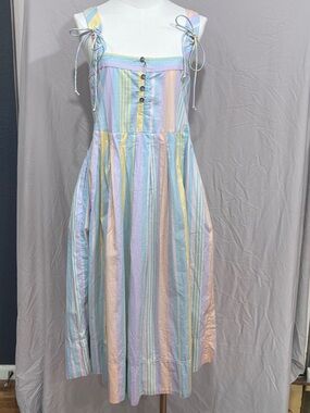 FREE PeOPLE NWT 100% Cotton, Striped Suspender Midi Dress pleats, dropped waist